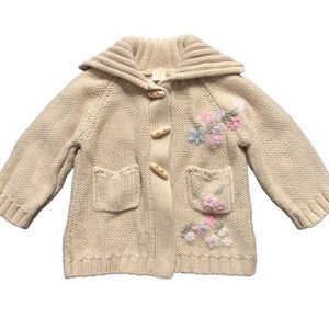 Vintage Embroidered Sweater Cardigan German Floral Cotton Toggle Knit Beige 2T